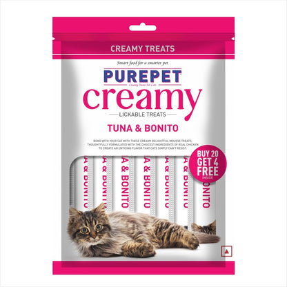 Purepet Creamy Lickable Cat Treats(15g x 24 Pieces) 360g | Tuna & Bonito Flavour | Rich in Protein | Taurine for Heart & Vision | Ideal for Training | Promotes Hydration| for Kitten & Adult Cats