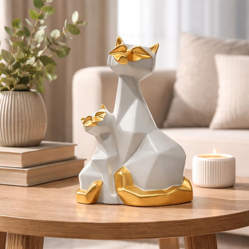 Cat Couple Showpiece Statue for Good Luck, Home Decoration Items for Living Room, Cat for Office Desk Good Luck Vastu Fengshui Ceramic Items, Centre Table Decor, Valentine's Day Gift