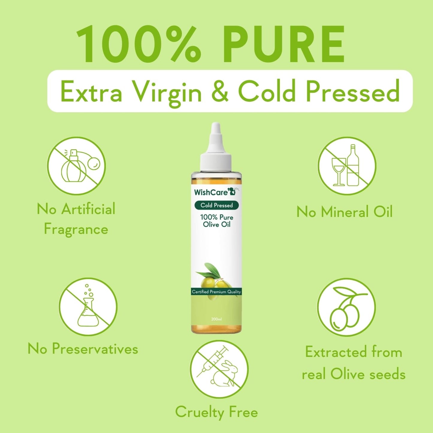 Bottle of WishCare olive oil with green background and text highlighting properties