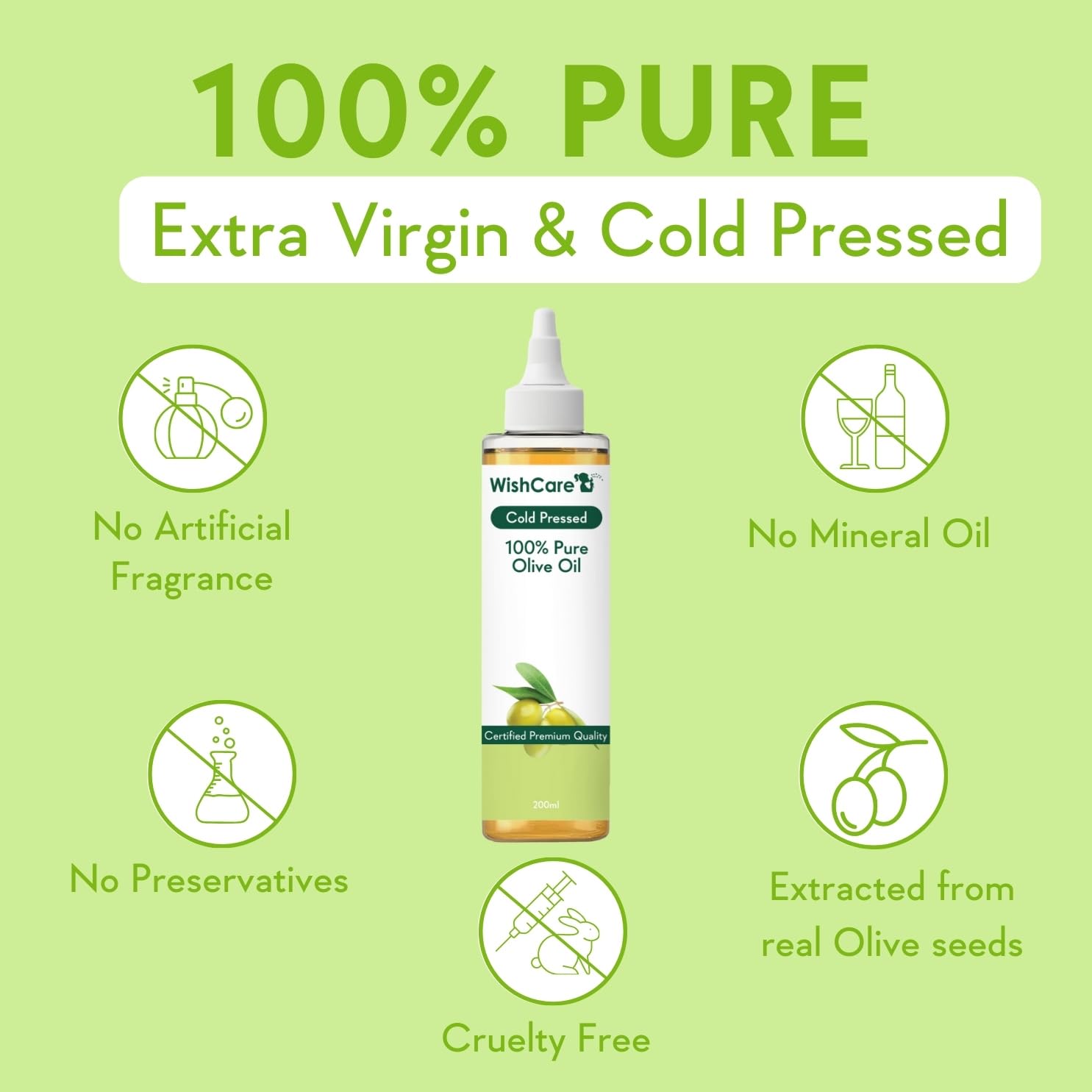 Bottle of WishCare olive oil with green background and text highlighting properties