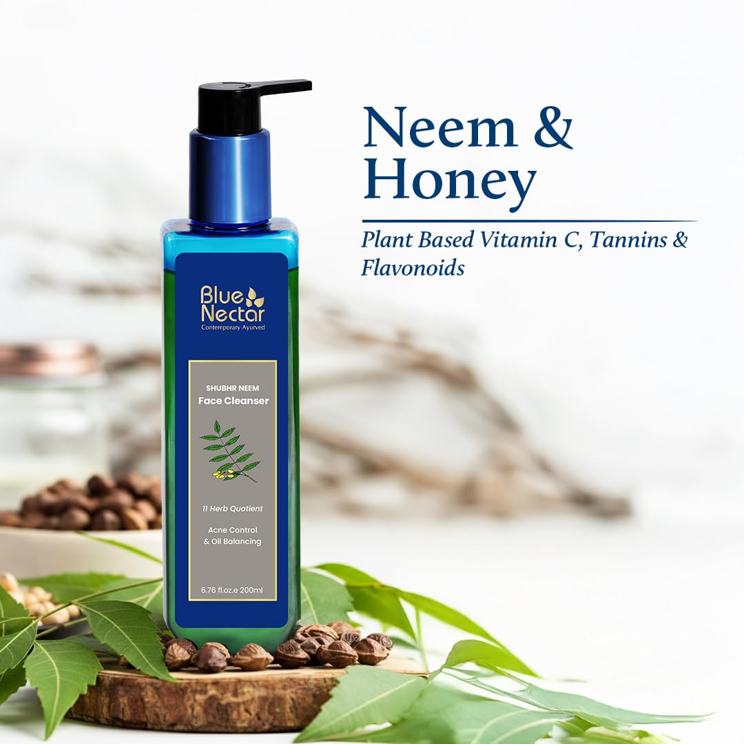 Blue Nectar Honey & Neem Face Wash for Oily & Acne Prone Skin | Natural Cleanser for Acne and Oil Control | Face Wash for Oily Skin with Vitamin C (11 Herbs, 200ml)