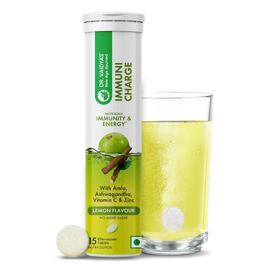 Dr. Vaidya's Immuni Charge Effervescent | No Added Sugar | Boosts Immunity With Vitamin C, Amla & Zinc | Lemon Flavour | (15 Tablets Each)