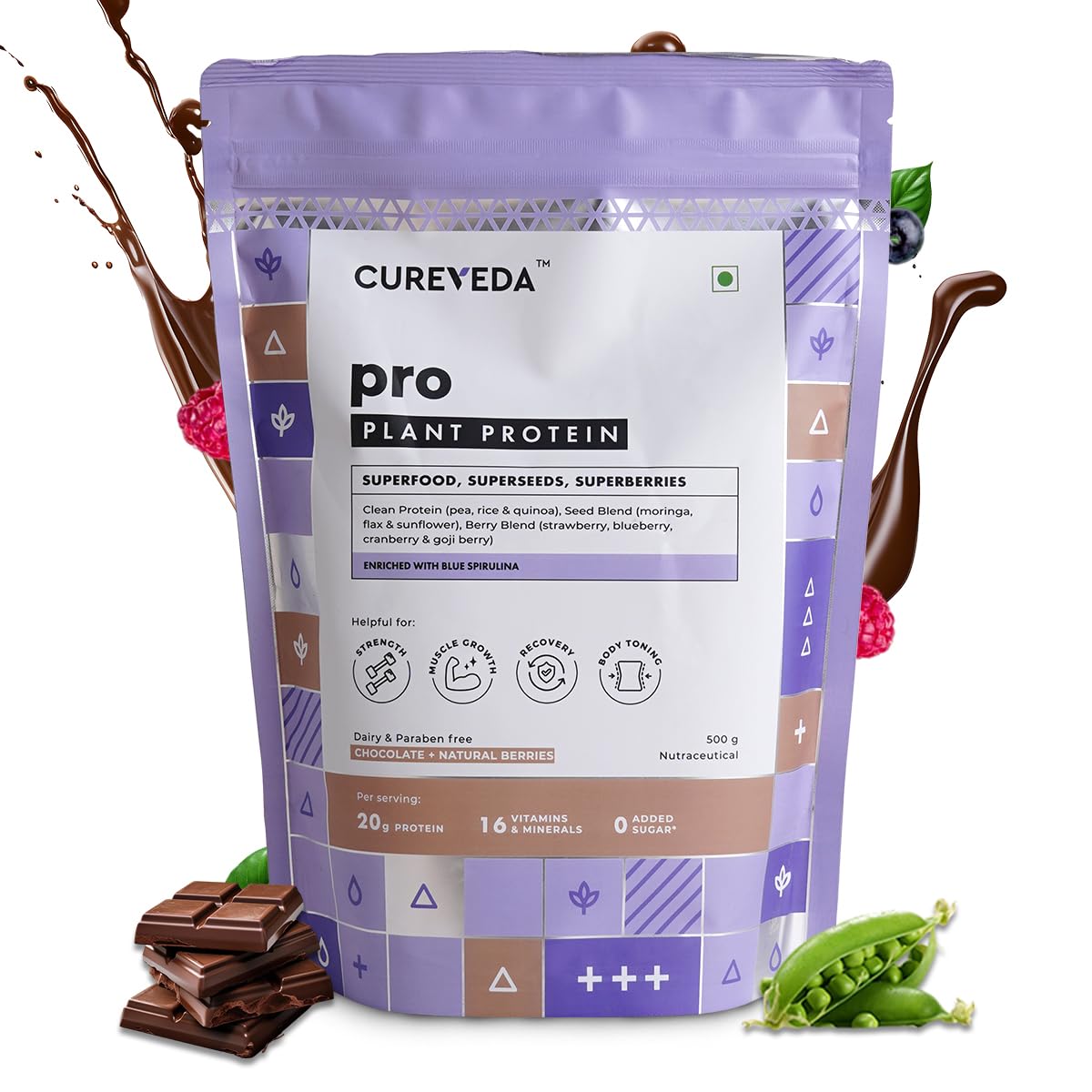 Cureveda pro plant protein package with chocolate and pea on a white background