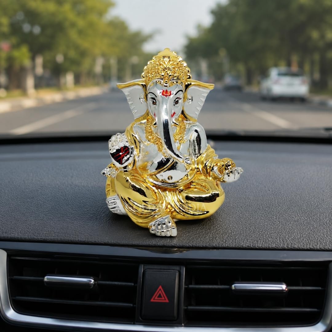 Gold Art India Gold and Silver Plated gaddi Ganesha Idol | Ganpati Bappa Murti | for Home Decor Puja Lord Ganesh Statue Gift for Office Desk Puja Room Figurine, Car Dashboard, House Warming (7.6 x 7.6 x 8.8)