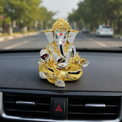 Gold Art India Gold and Silver Plated gaddi Ganesha Idol | Ganpati Bappa Murti | for Home Decor Puja Lord Ganesh Statue Gift for Office Desk Puja Room Figurine, Car Dashboard, House Warming (7.6 x 7.6 x 8.8)