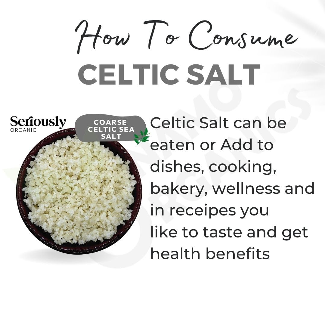 Coarse Celtic sea salt in a bowl with text on how to consume it and its benefits.