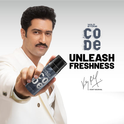 Man holding a Wild Stone product with promotional text on a white background