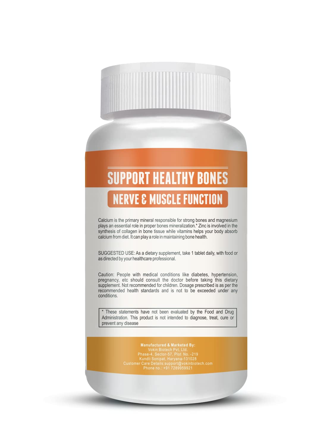 Supplement bottle labeled 'Support Healthy Bones, Nerve & Muscle Function' on a white background