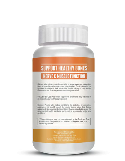 Supplement bottle labeled 'Support Healthy Bones, Nerve & Muscle Function' on a white background