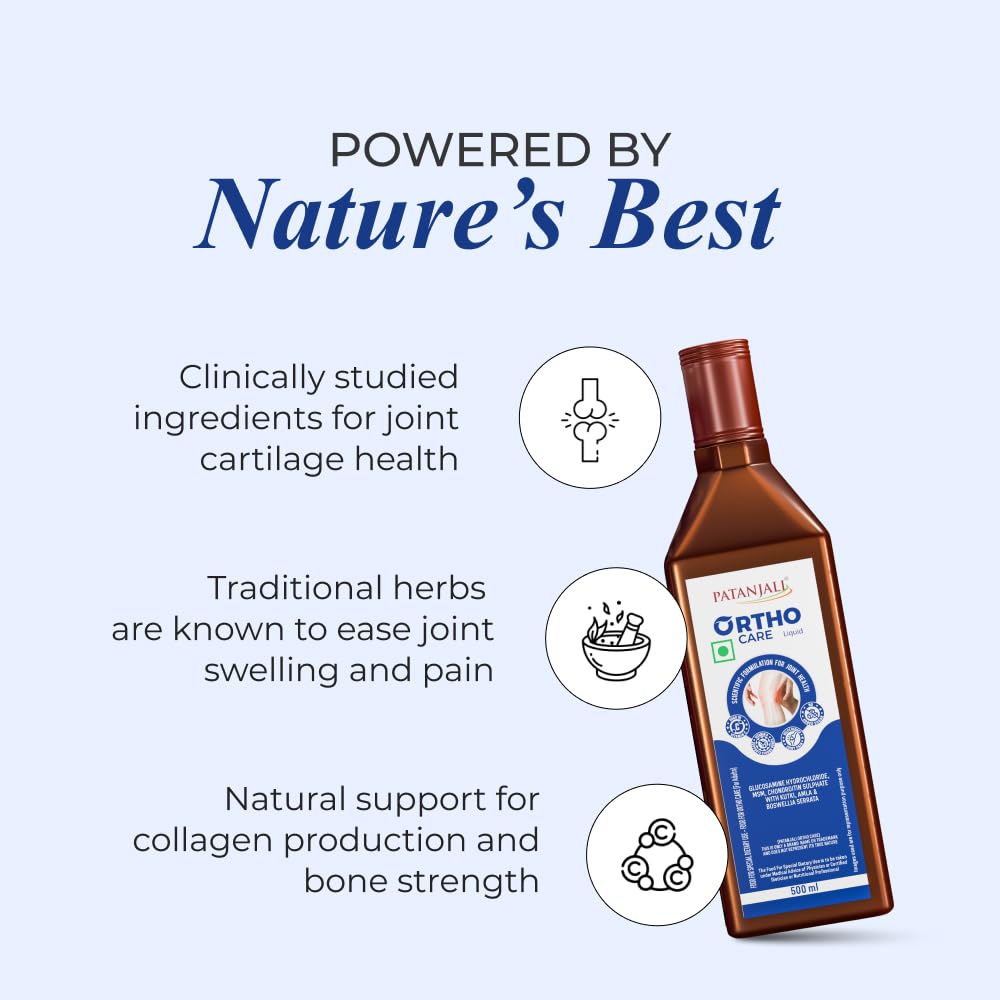 Patanjali Orthocare Liquid | Ayurvedic Joint Support Supplement | With Glucosamine, MSM, Boswellia & Vitamin D | Vegetarian | 500ml