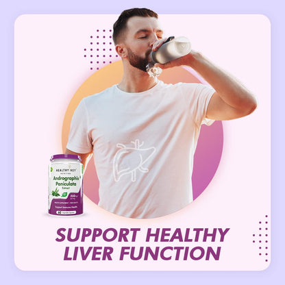 Man drinking from a shaker with a supplement bottle labeled 'Support Healthy Liver Function' on a light purple background.