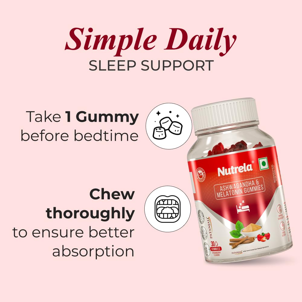 Nutrela Ashwagandha & Melatonin Sleep Gummies for Men & Women | 30 Strawberry-Flavored Gummies | Supports Restful Sleep & Stress Relief