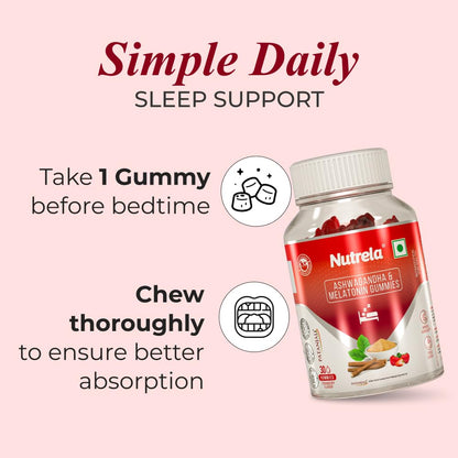 Nutrela Ashwagandha & Melatonin Sleep Gummies for Men & Women | 30 Strawberry-Flavored Gummies | Supports Restful Sleep & Stress Relief