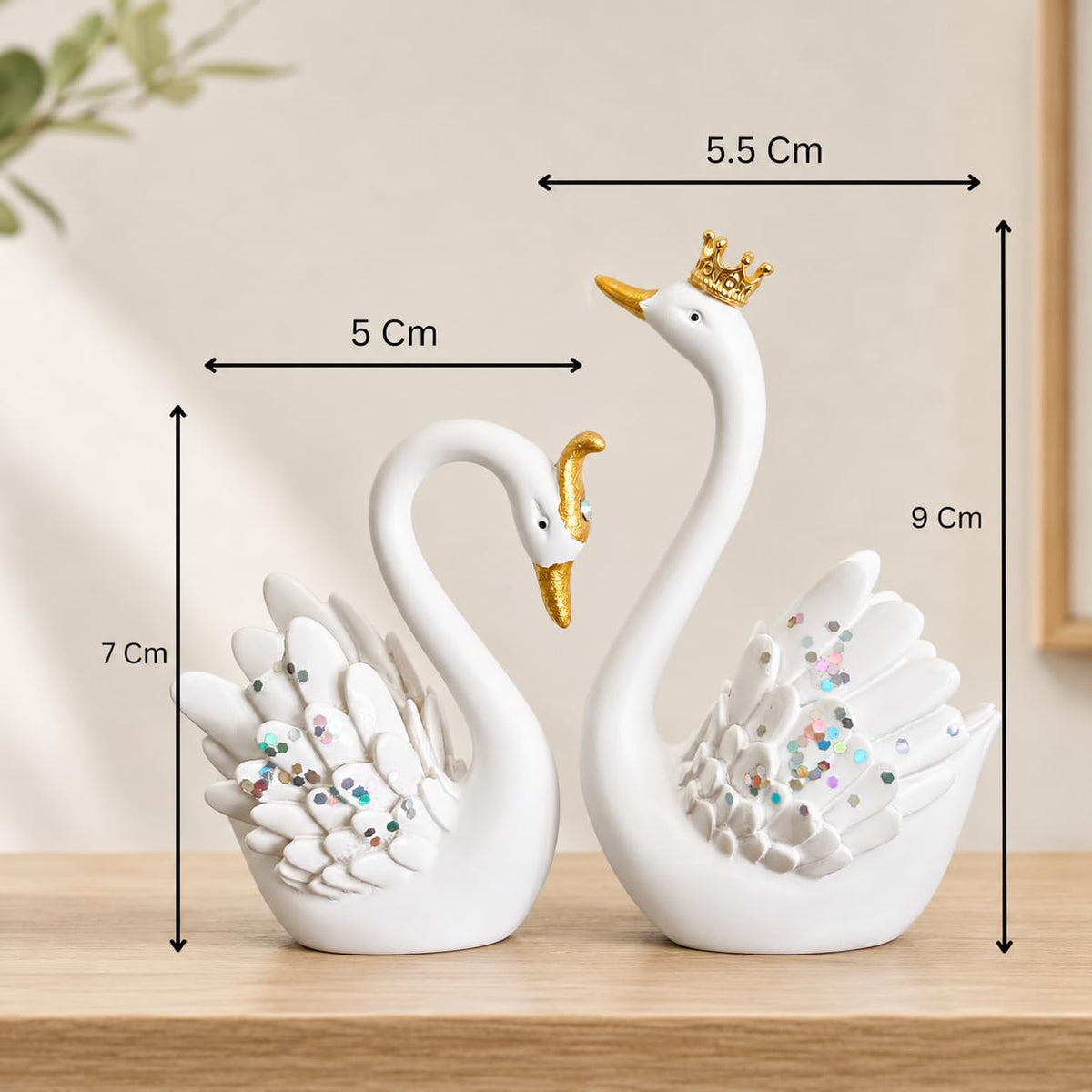 Lucky Swan Couple Crystal Wings showpiece for Home Living Room Decor | Romantic Love Bird Couple Gift for Valentine, Anniversary, Birthday (Set of 2 Pc) (Gold) (Small)