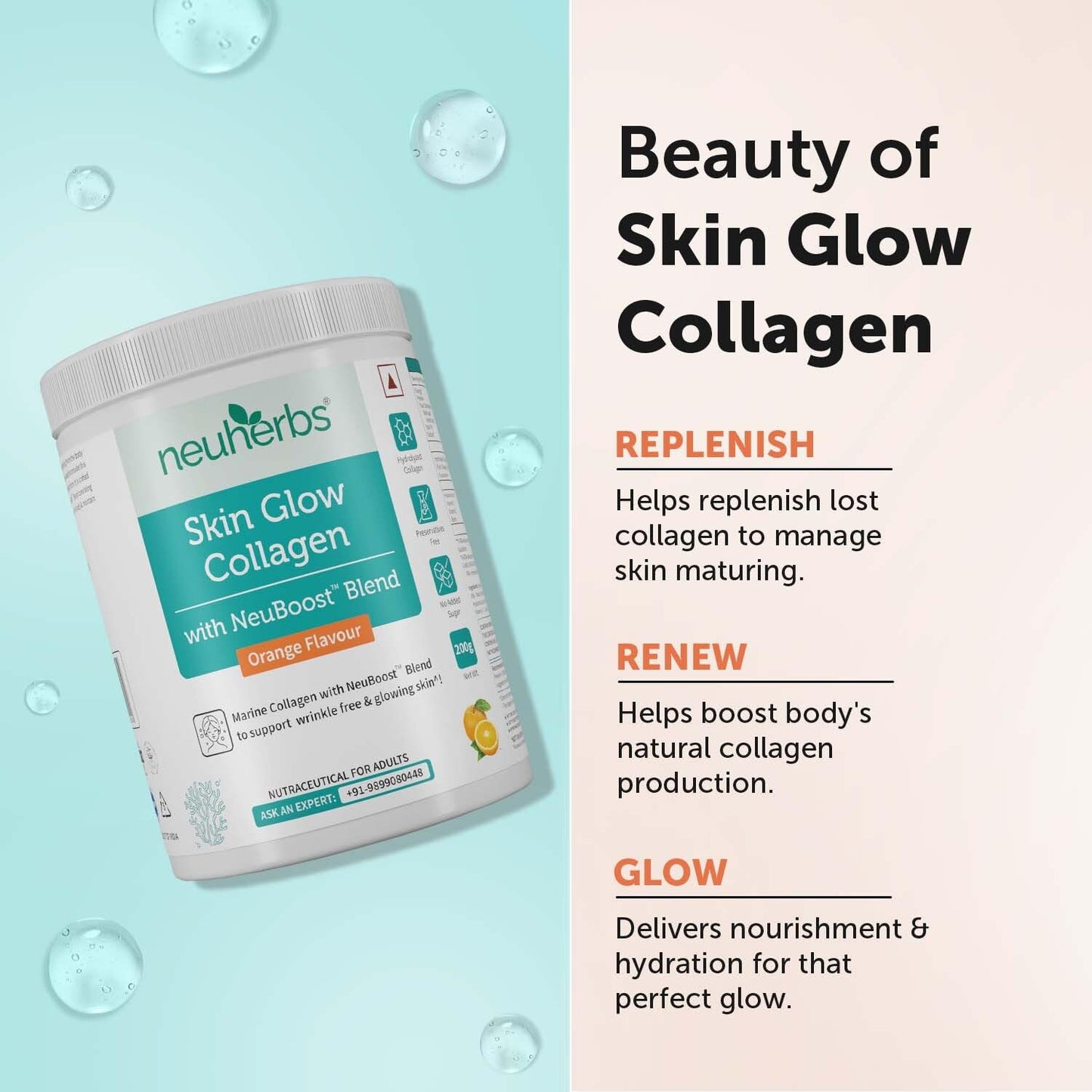 Neuherbs Collagen Supplement | Marine Skin Glow Collagen Peptides for Men & Women | With Hyaluronic Acid, Biotin, Vitamin C & E for Glowing & Youthful Skin | Orange Flavour, 200g