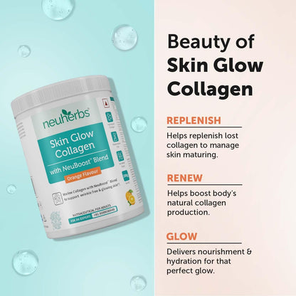 Neuherbs Collagen Supplement | Marine Skin Glow Collagen Peptides for Men & Women | With Hyaluronic Acid, Biotin, Vitamin C & E for Glowing & Youthful Skin | Orange Flavour, 200g