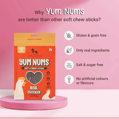 Yum Nums by HUFT Soft & Chewy Sticks - 200 gm | Real Chicken | Dog Training Treats | Healthy Dog Snacks | Dog Treats for Puppies & Adults | Pet Chews & Tasty Rewards