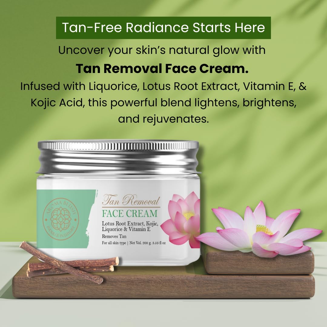 Tan Removal Face Cream with pink lotus flowers on a green background