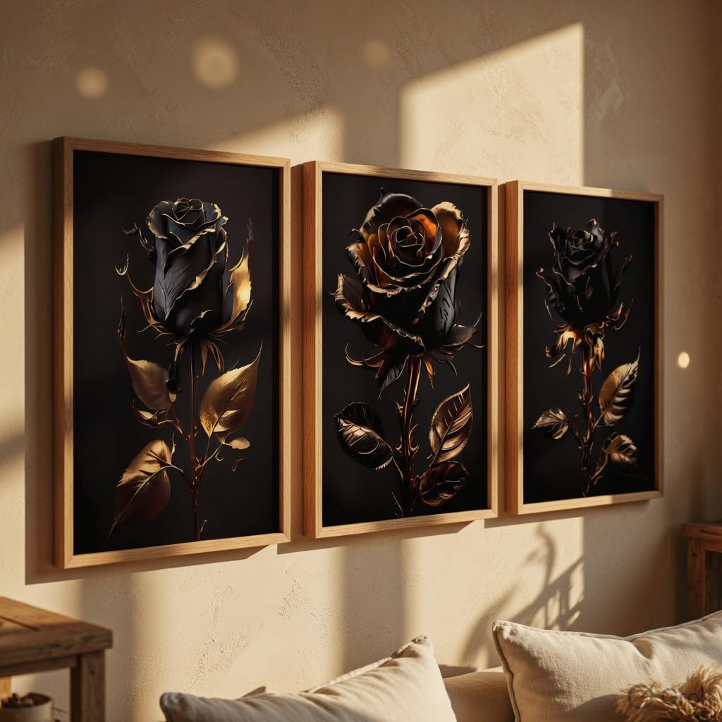 Black Gold Rose Wall Painting Set of 3 with Wooden Frames | Luxury Floral Artwork HD Sparkle Laminated MDF Wall Decor | Elegant Rose Wall Art for Living Room Bedroom Office
