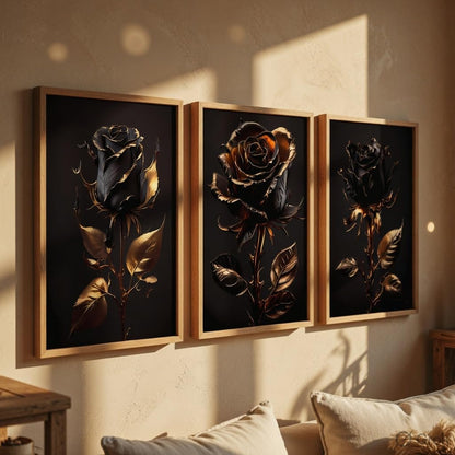 Black Gold Rose Wall Painting Set of 3 with Wooden Frames | Luxury Floral Artwork HD Sparkle Laminated MDF Wall Decor | Elegant Rose Wall Art for Living Room Bedroom Office