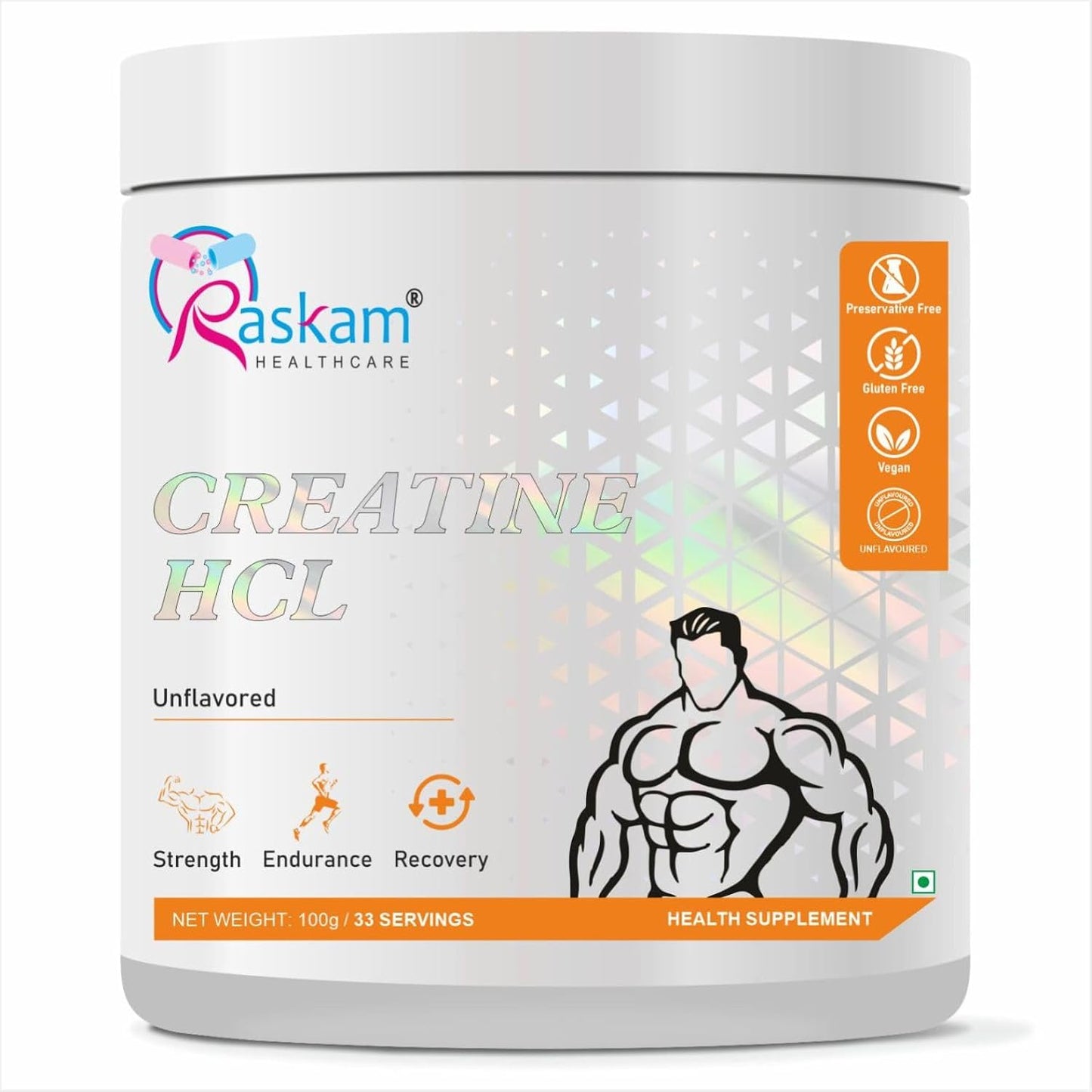 Raskam Creatine HCL supplement container on a white background