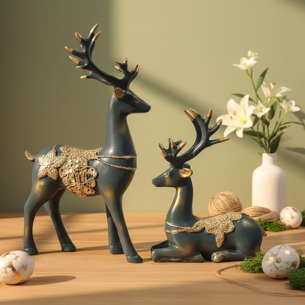 eCraftIndia Resin Reindeer Showpiece for Home Decor Living Room (Pack of 2 Golden Blue) | Vastu Feng Shui Items for Good Luck Gift for Housewarming Birthday
