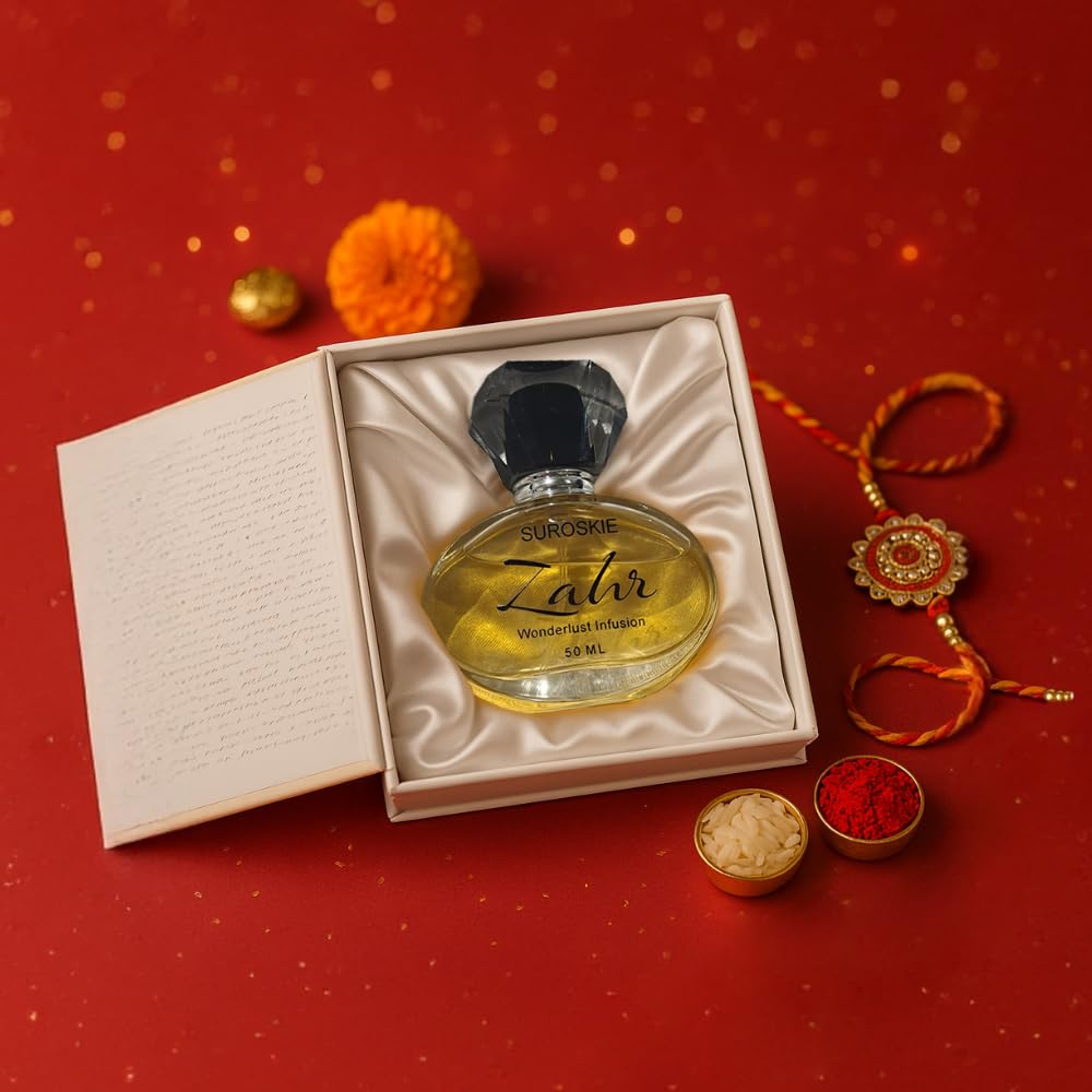 Perfume bottle in a box on a red background with decorative items.