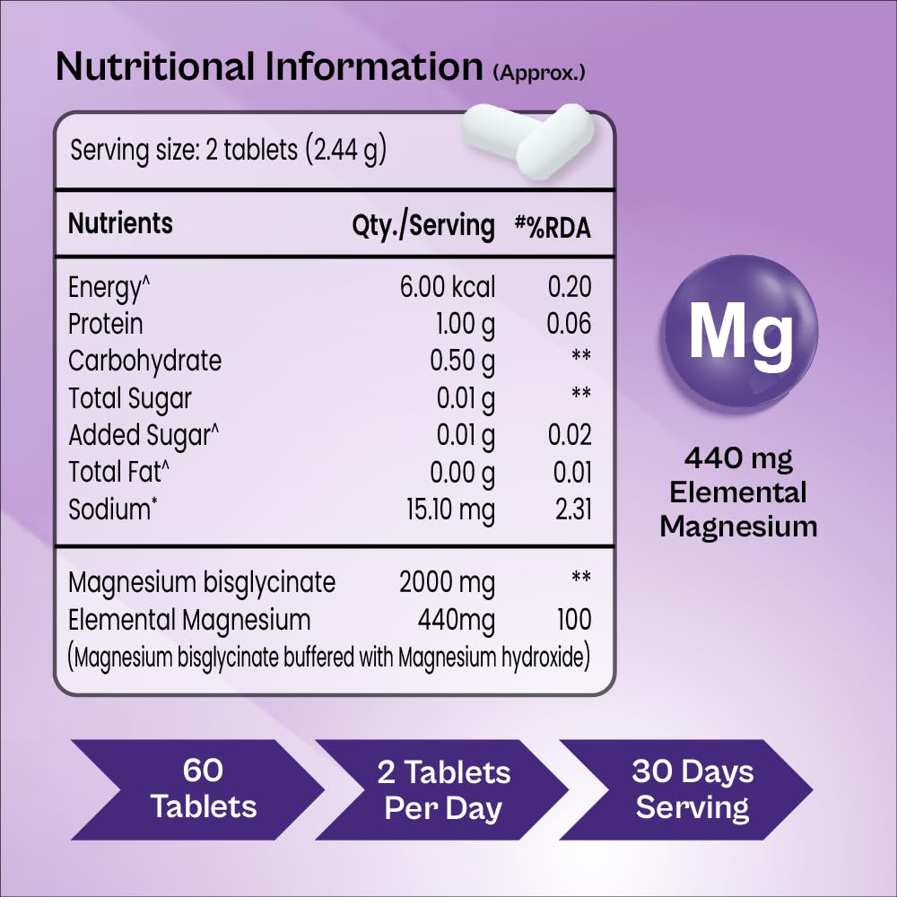 Tata 1mg Magnesium Glycinate Tablets |2000mg | High Absorption Chelated form for Muscle Recovery, Sleep & Nerve Health | 2000mg Per Serving – 60 Veg Tablets
