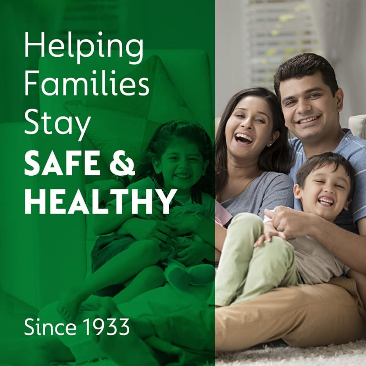 Family sitting together with text 'Helping Families Stay Safe & Healthy Since 1933' on a green background