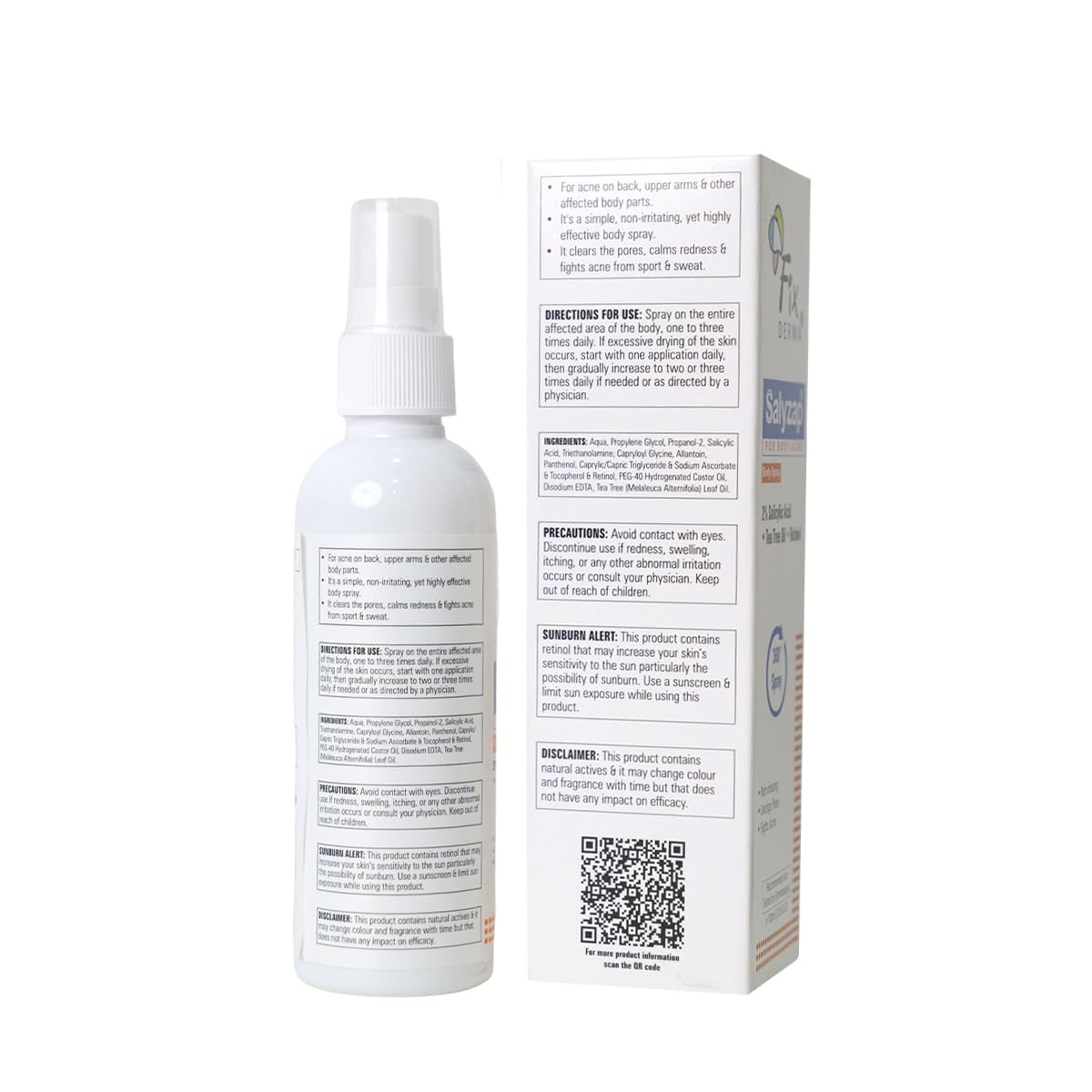 Fixderma 2% Salicylic Acid Salyzap Body Acne Spray For Acne on Back, Shoulders, Neck & Chest to improve Breakouts & Uneven skin texture for Women & Men - 100ml