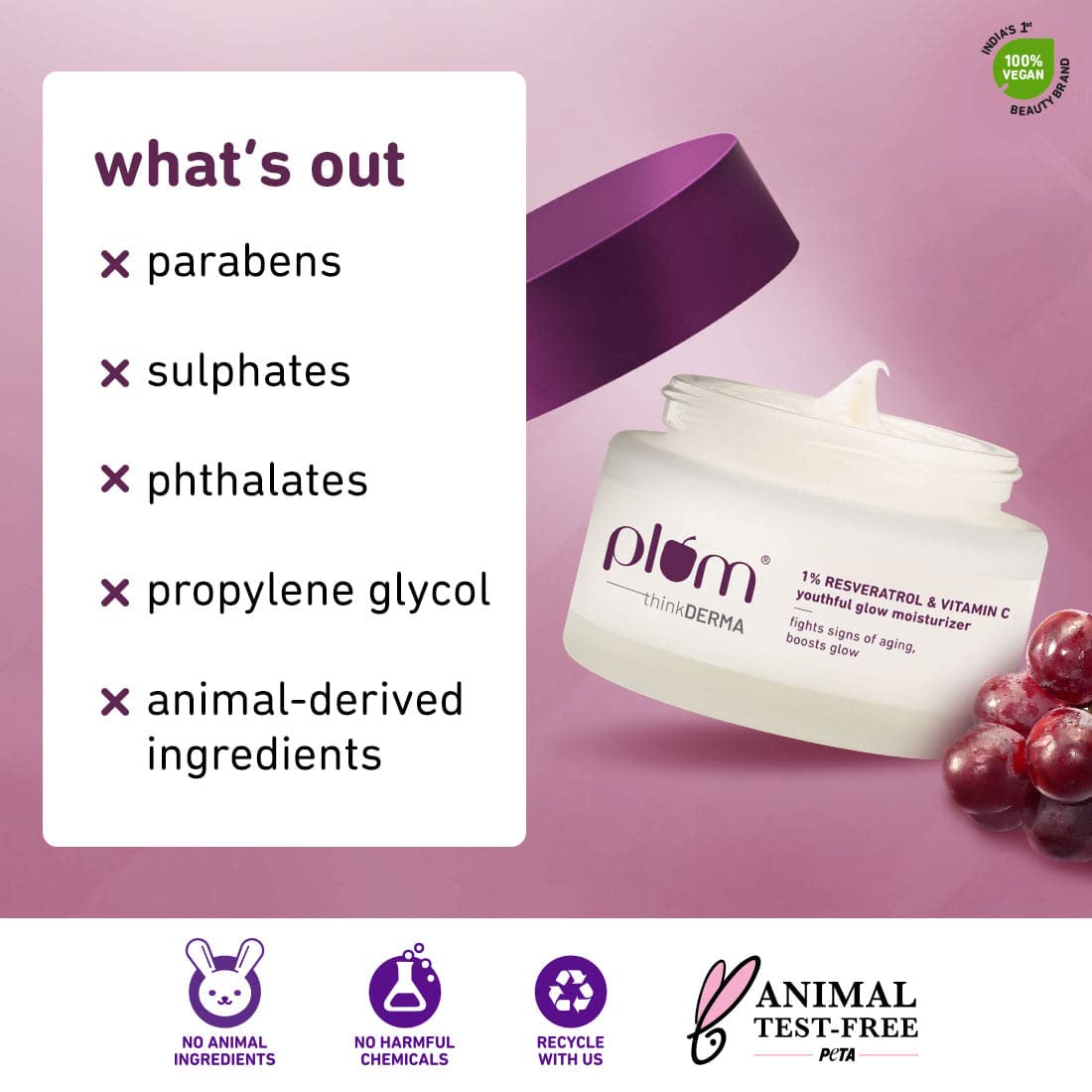 Plum 1% Resveratrol & Vitamin C Youthful Glow Moisturizer Cream | Fights Signs Of Ageing | Enhances Collagen Production | Boosts Glow | Lightweight & Quick-Absorbing | 100% Vegan | 50G