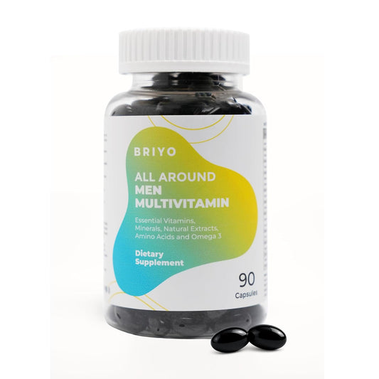 Bottle of Briyo All Around Men Multivitamin on a white background