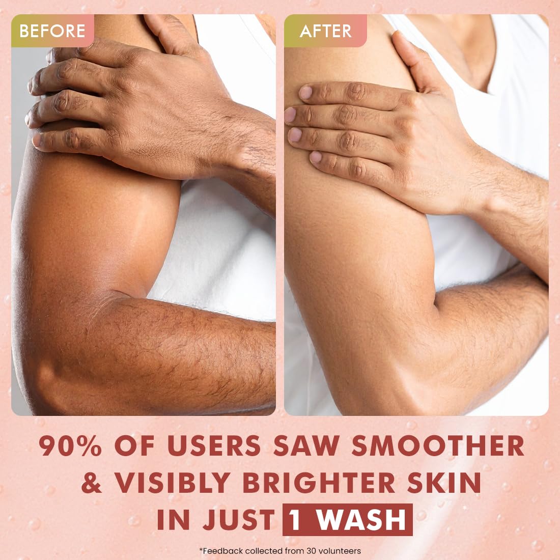Before and after comparison of skin with a product claim on a pink background