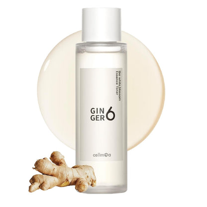 Skincare bottle labeled 'Gin6' with a piece of ginger on a white background