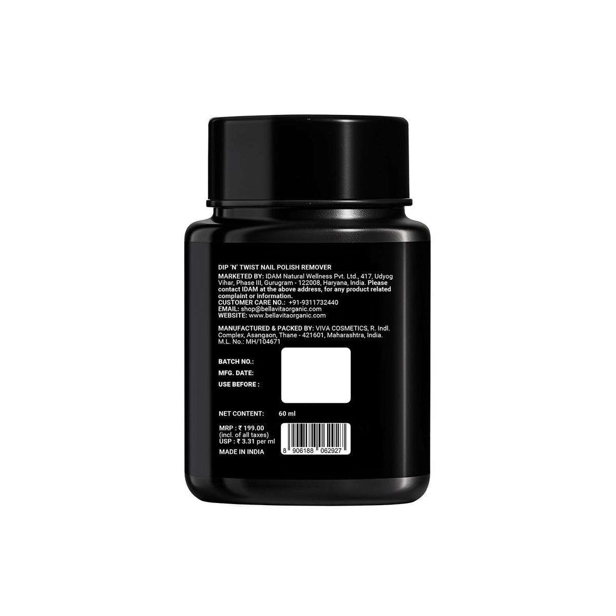 Black container with text and a barcode on a white background