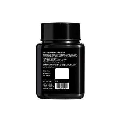 Black container with text and a barcode on a white background