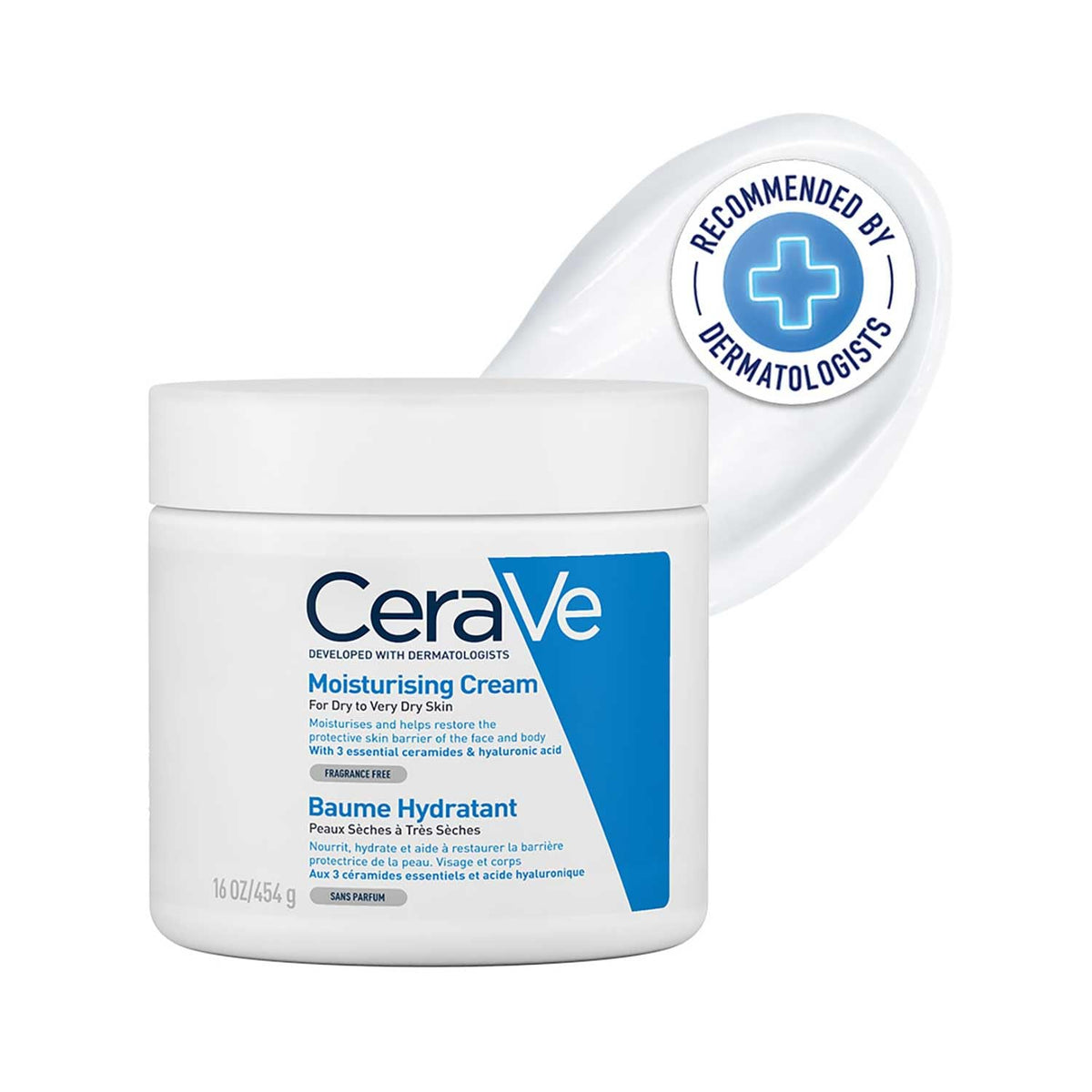 CeraVe moisturizing cream jar with a dermatologist recommendation label on a white background