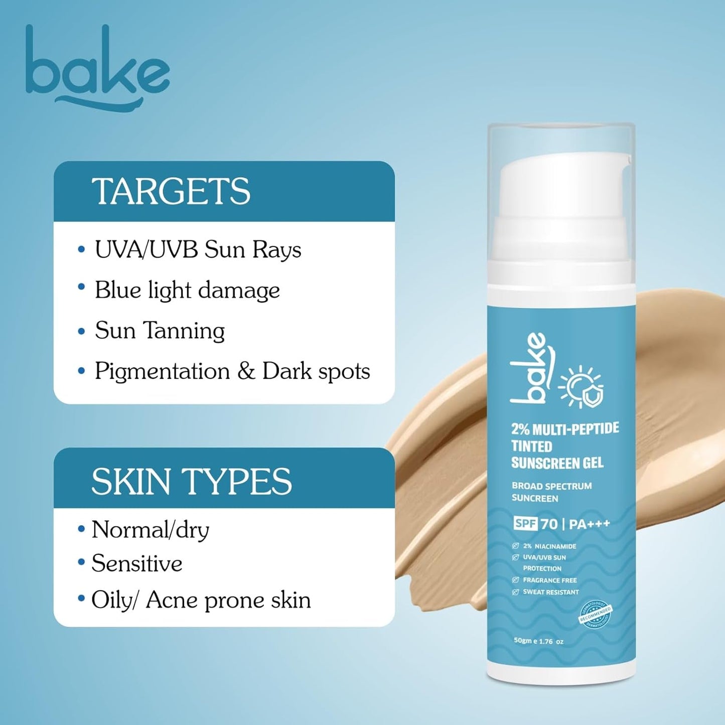 BAKE 2% Multi Peptide Tinted Sunscreen SPF 70 PA+++ with 2% Niacinamide | Water & Sweat Resistant, Broad Spectrum Sunscreen | For All Skin Types | For Men & Women - 50g