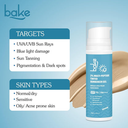 BAKE 2% Multi Peptide Tinted Sunscreen SPF 70 PA+++ with 2% Niacinamide | Water & Sweat Resistant, Broad Spectrum Sunscreen | For All Skin Types | For Men & Women - 50g