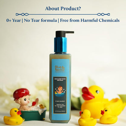 Blue Nectar Baby Wash for Bath with Organic Ghee | Gentle Cleanser Body Wash for Kids | Top to Toe Wash for Baby with Natural Moisturizer (200 ml, 9 Herbs)