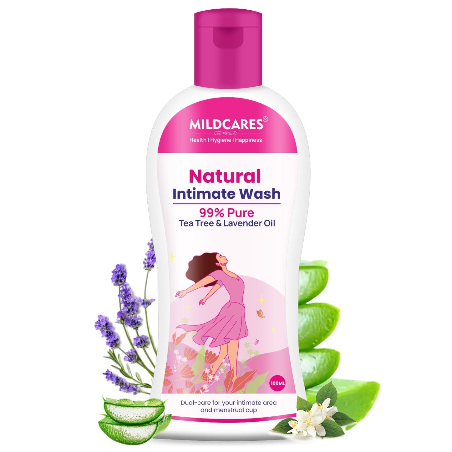 Mildcares natural intimate wash bottle with tea tree and lavender oil on a white background