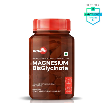 Neulife Magnesium Bisglycinate 440 mg Supplement | High Absorption-High Potency Formula | Supports Sleep, Recovers Muscles | (60tabs)