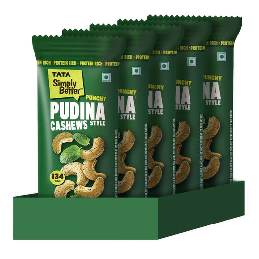 Tata Simply Better Punchy Pudina Style Cashews, 23g (Pack of 5), Rich in Protein, Party Snack, Delicious Kaju Nuts, Ready To Eat Snack, No Palm Oil, No Trans Fat