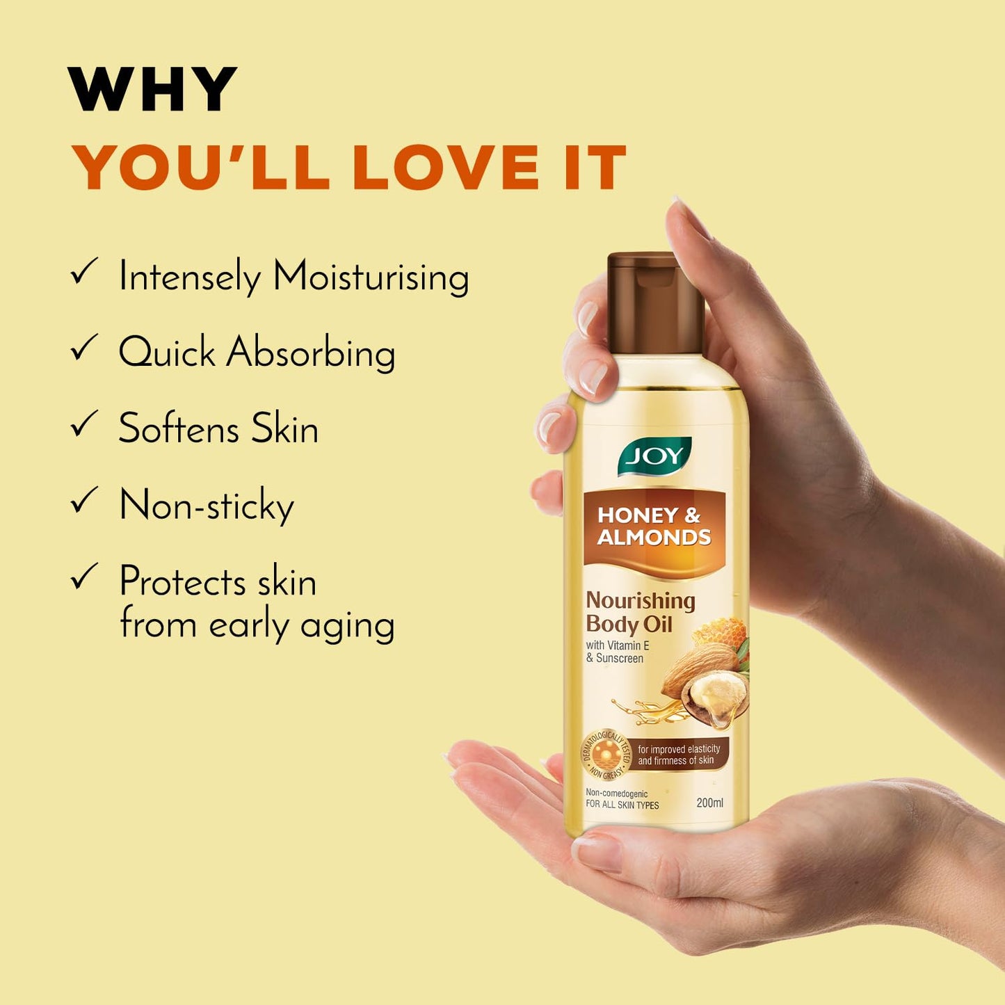 Joy Honey & Almonds Body Oil – After-Bath Daily-Use Badam Massage Oil with Vitamin E & Sunscreen | Full-Body Relaxation, Dry-Skin & Winter Moisture | 200 ml