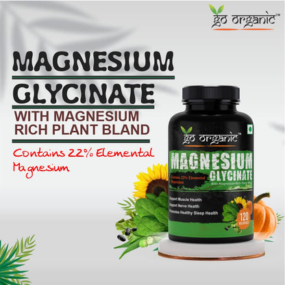 Go Organic Magnesium Glycinate Supplement Glycinate Chelate with Organic Vegetables to Support Sleep, Calm, Muscle Cramp & Stress Relief – Gluten Free, Non GMO - 120 Capsules