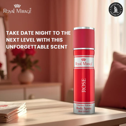 Red body spray bottle labeled 'Royal Mirage' on a table with a blurred background
