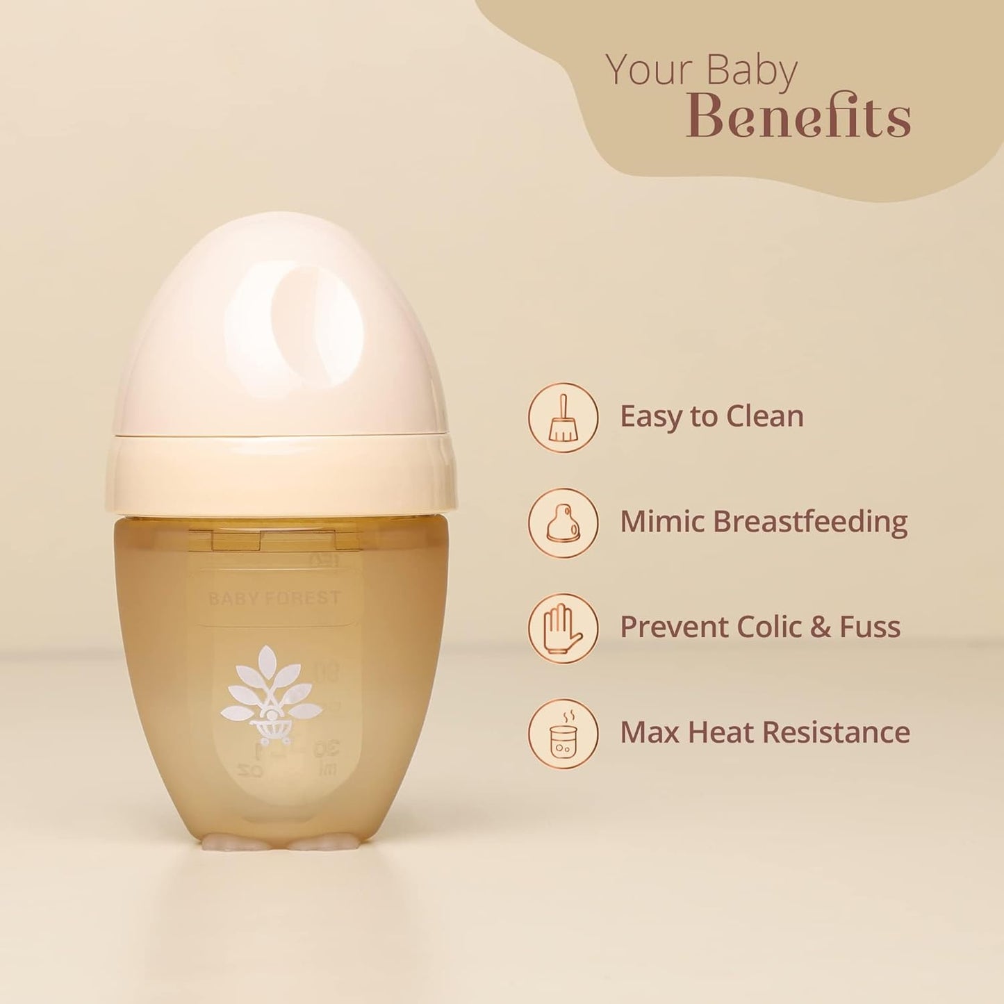 Baby bottle with benefits listed on a beige background