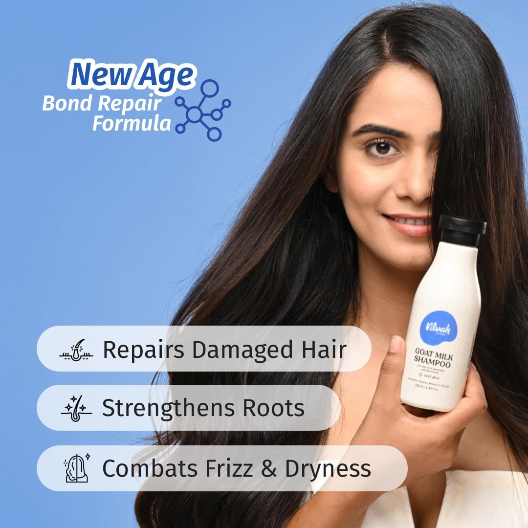 Vilvah Goat Milk Shampoo | with Ceramides for Dry & Frizzy Hair | Nourishing Natural Shampoo that Strengthens, Smoothens & Adds Shine | Sulphate-Free Hair Cleanser for Men & Women | 250ml
