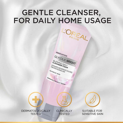 L'Oréal Paris Glycolic Bright Daily Foaming Face Cleanser, 100ml Glycolic Acid face wash | For dull skin | gently cleanses skin | Non-Drying