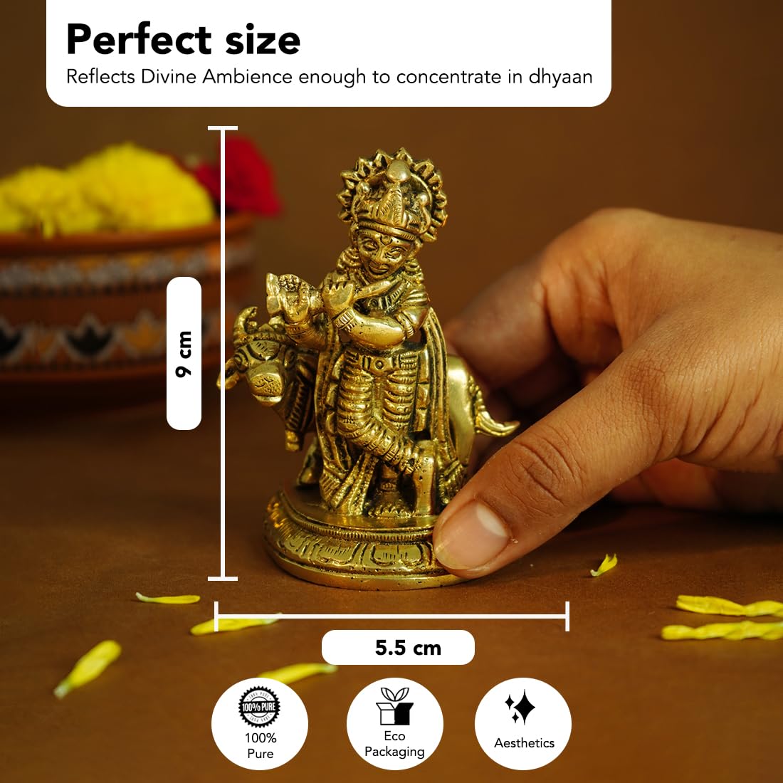 100% Pure Brass Lord Krishna Idol with Flute (9 cm) | Shree Lord Krishna Statue for Home Decor | Kanha Ji ki Murti for Office Desk | Sri Krishna Idols Gift for House Warming